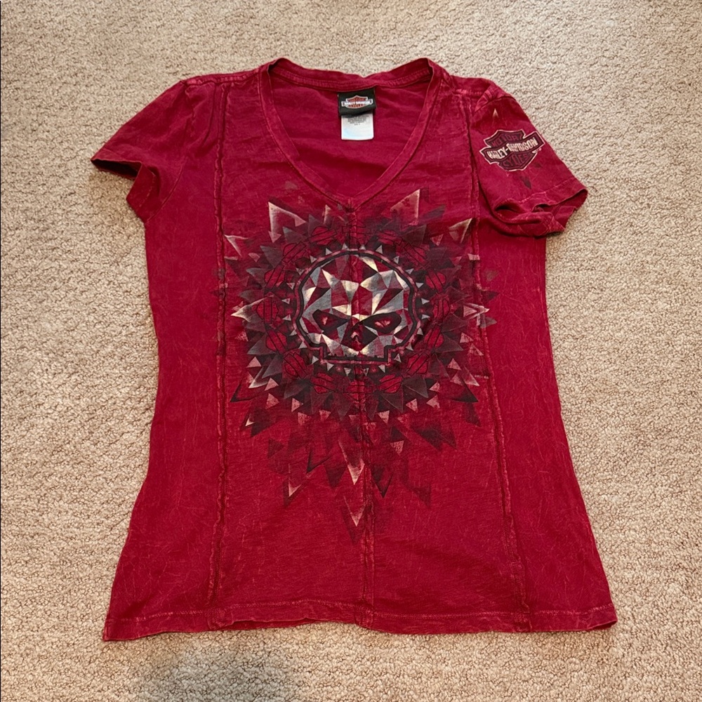 Harley-Davidson Women's Deep Red V-Neck Skull Graphic Tee Small